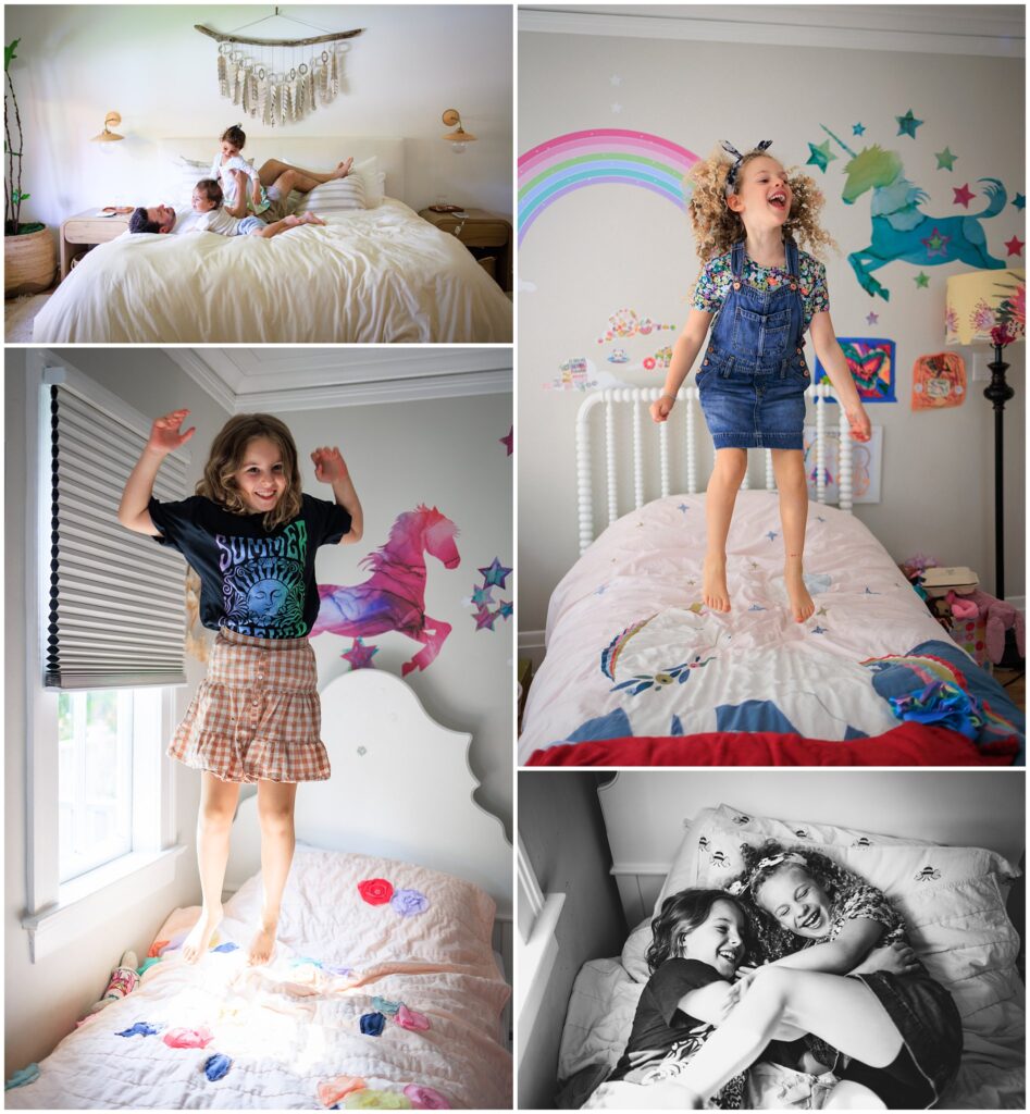Photo collage of kids jumping on the bed or cuddling on the bed while getting family photos at home.