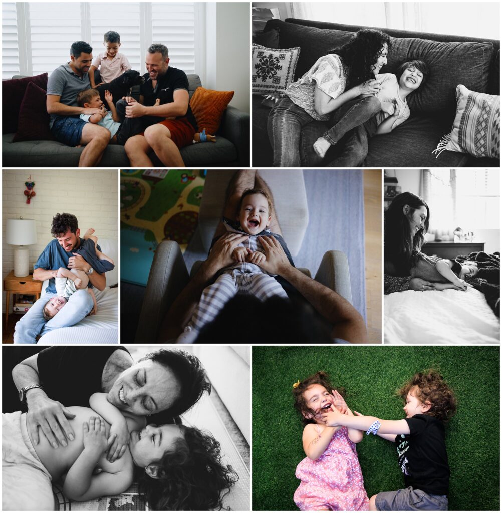 Photo collage of parents playfully tickling their children during their at-home family photo session. 