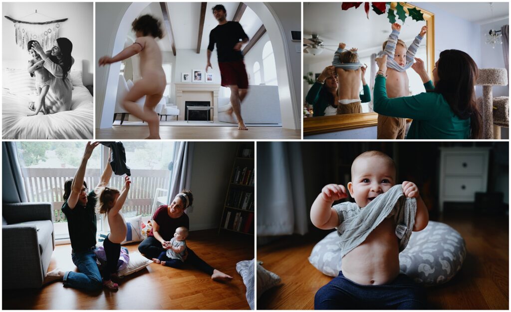 Photo collage of parents helping their young children change clothes for their at-home family photo session.