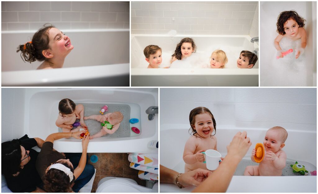 Photo collage of toddlers and babies during bath time, taken during at-home family photo session. 