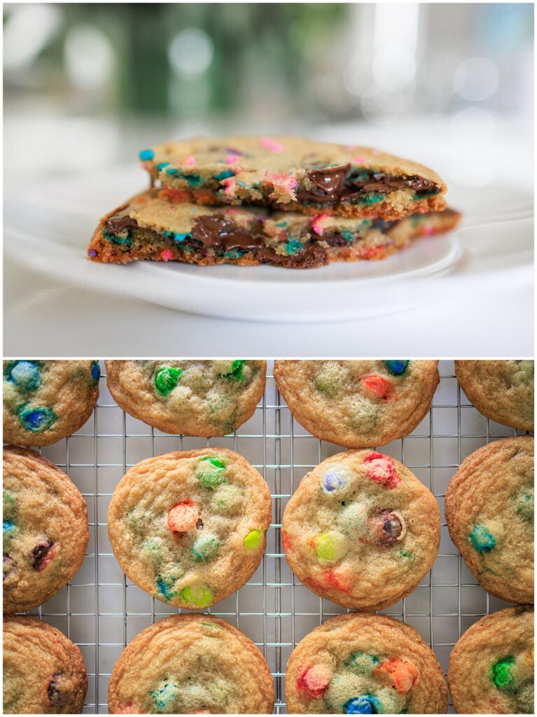 Easy cookie recipes to make with your kids: Chocolate chip cookies with rainbow sprinkles (top) and M&M cookies (bottom.)
