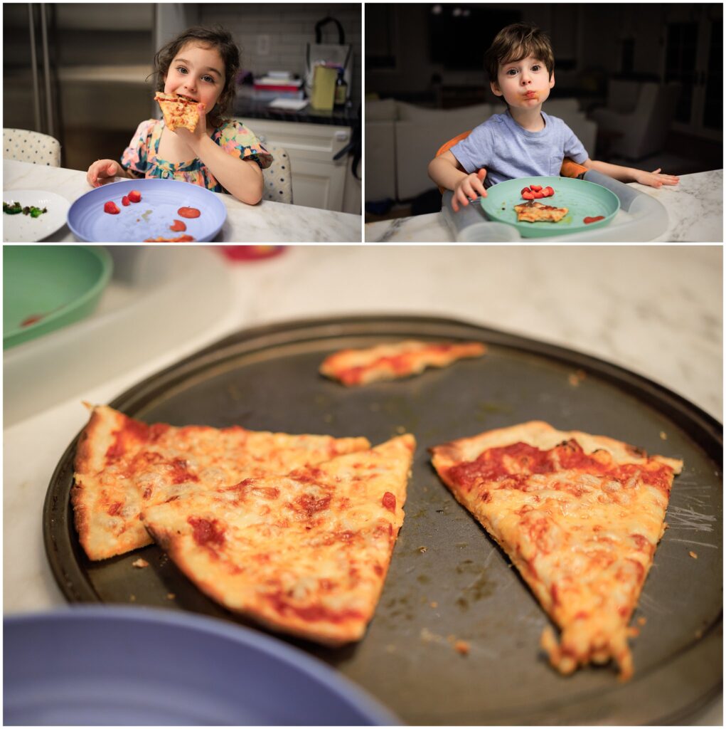 Photo collage of cheese pizza and two siblings enjoying slices of the pizza. 