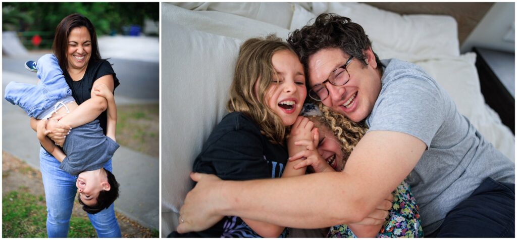 Two images of parents playing with their young kids, taken during at-home family photo sessions. 