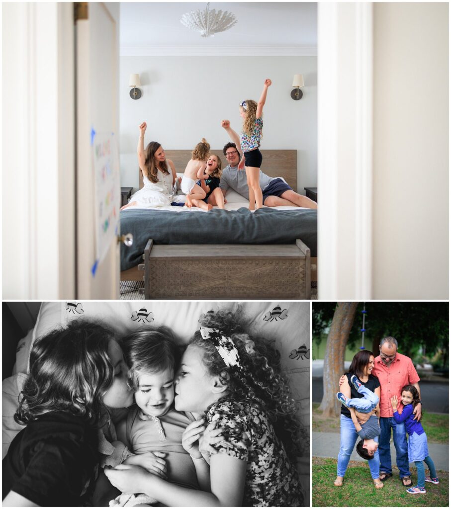 Image collage of joyful families during at-home photo sessions. 