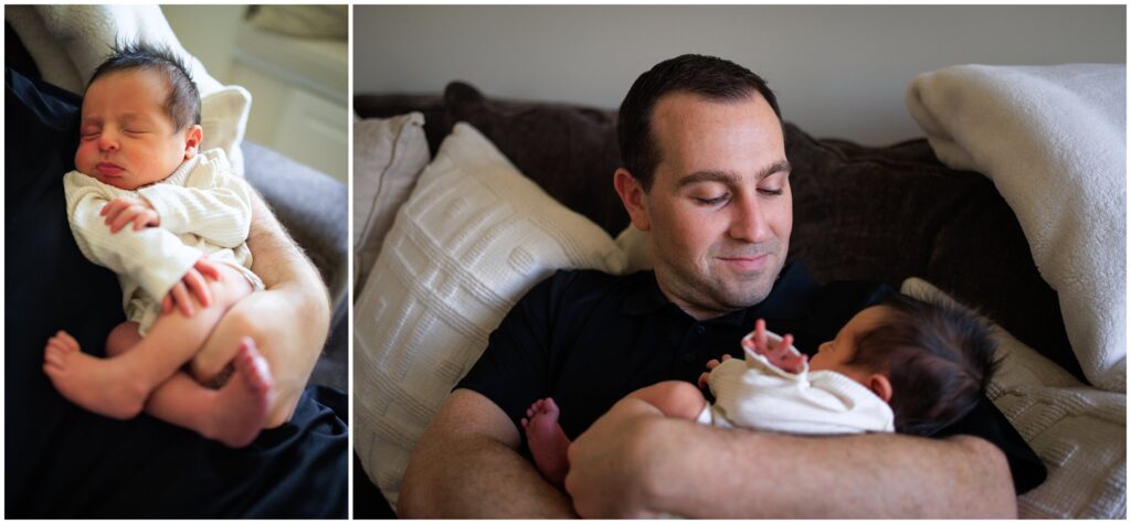 Two photos of dad cuddling his newborn baby. 
