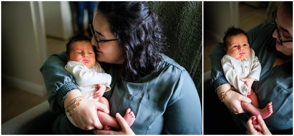 Two images of mom and newborn from an at home newborn photoshoot.
