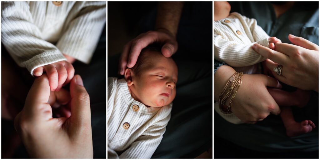 Three detail shots of a newborn taken during a documentary newborn photography session.