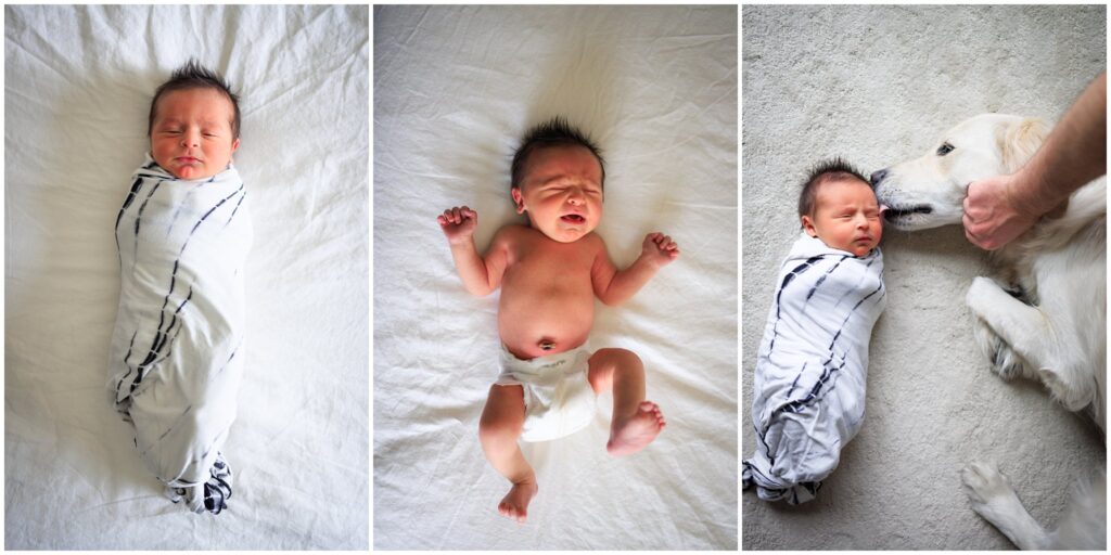 Three images of a baby taken during a documentary newborn photography session.