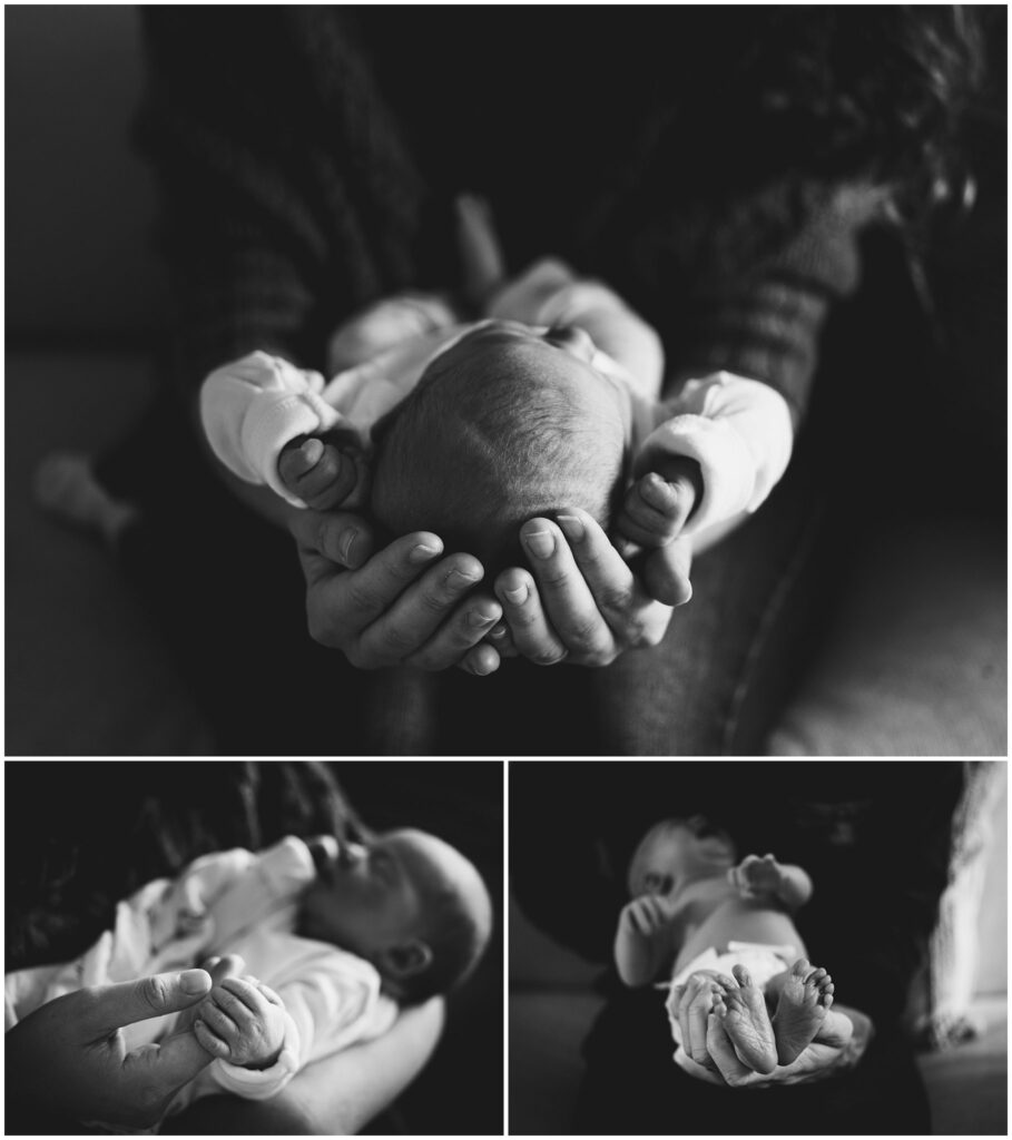 Black & white photo collage of baby details - hands, feet, and head in mom's hands.