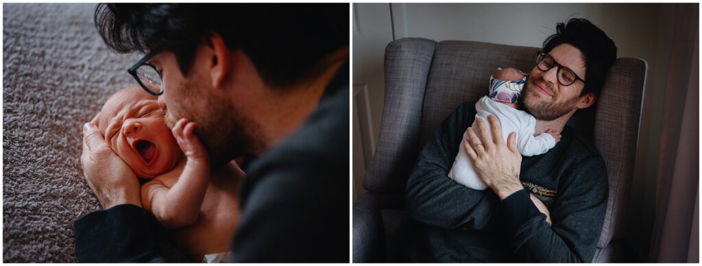Two images of a newborn baby girl with dad. 