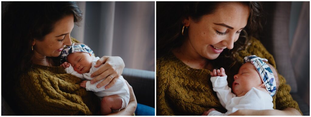 Two images of a newborn baby girl resting on mom. 