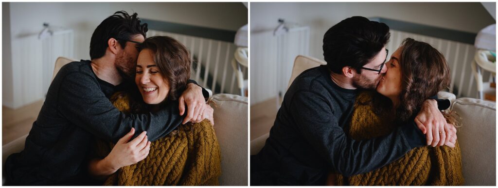 Two images of a couple kissing and holding each other during their newborn photos at home.