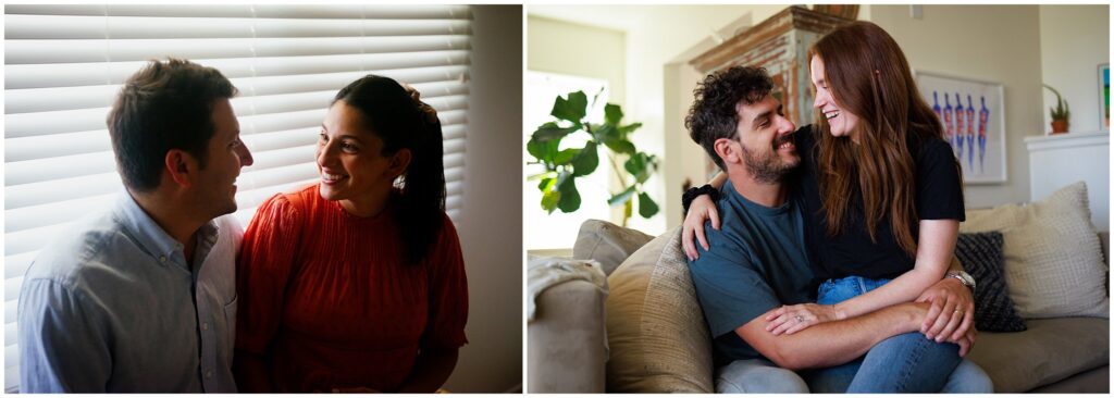 Two photos of couples embracing each other.