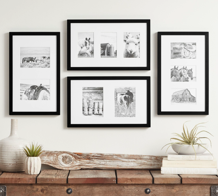 Stock image of framed prints hanging on the wall.