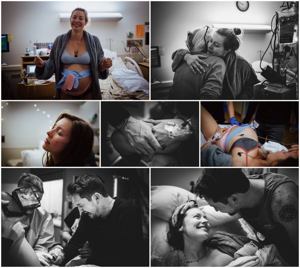 Photo collage of a woman in childbirth delivering her baby assisted by Los Angeles doulas