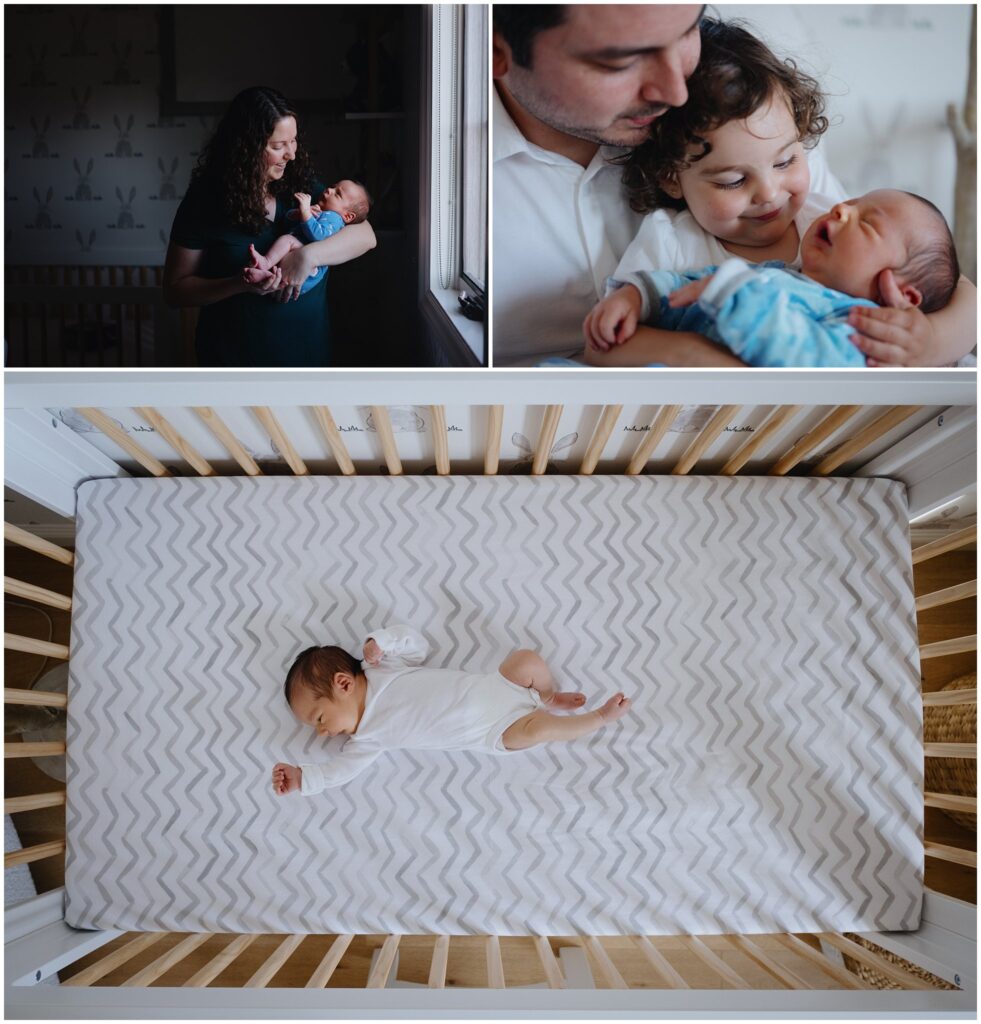 Photo collage of in-home newborn photoshoot by Los Angeles photographer Marjorie Cohen.