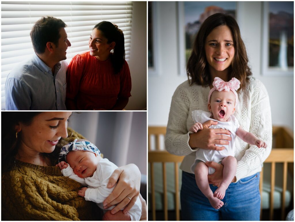 Photo collage of newborns and parents taken at home by photographer Marjorie Cohen.
