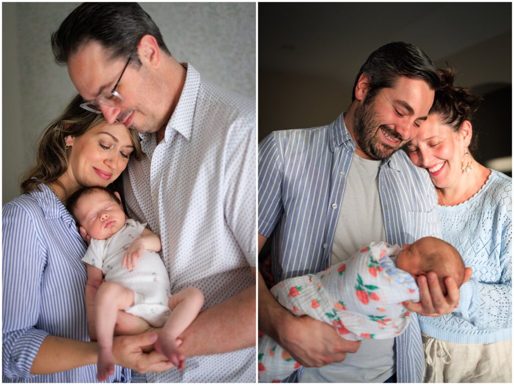 Photo collage of two couples cuddled together with their newborn babies.