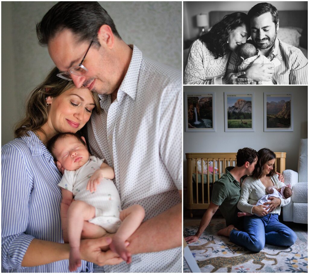 Collage of family photos with a newborn baby for parents looking for newborn photo ideas.