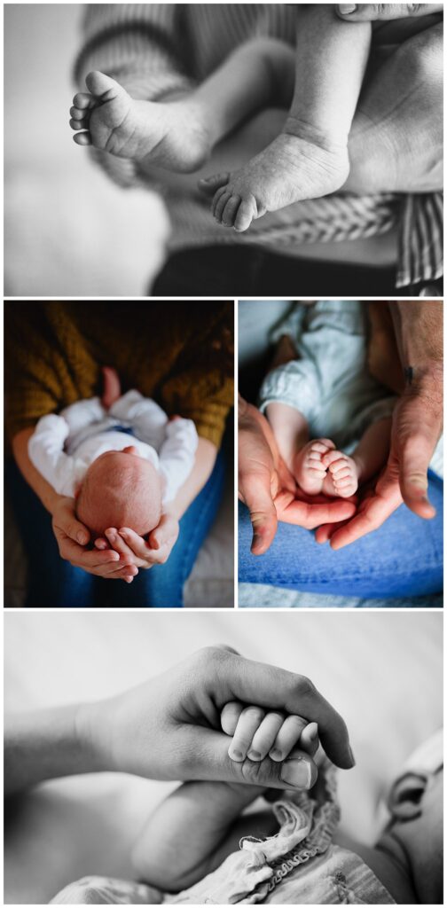 Collage of baby details, little baby hands, little, feet, newborn head in mom's hands.