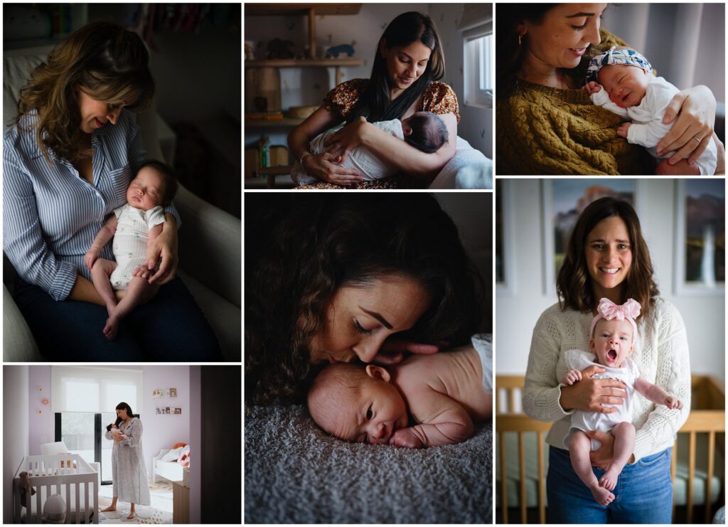 Photo collage of moms with their newborn babies during in-home photo sessions.