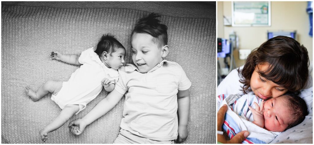 Two photos of an older sibling and their newborn baby brother or sister.