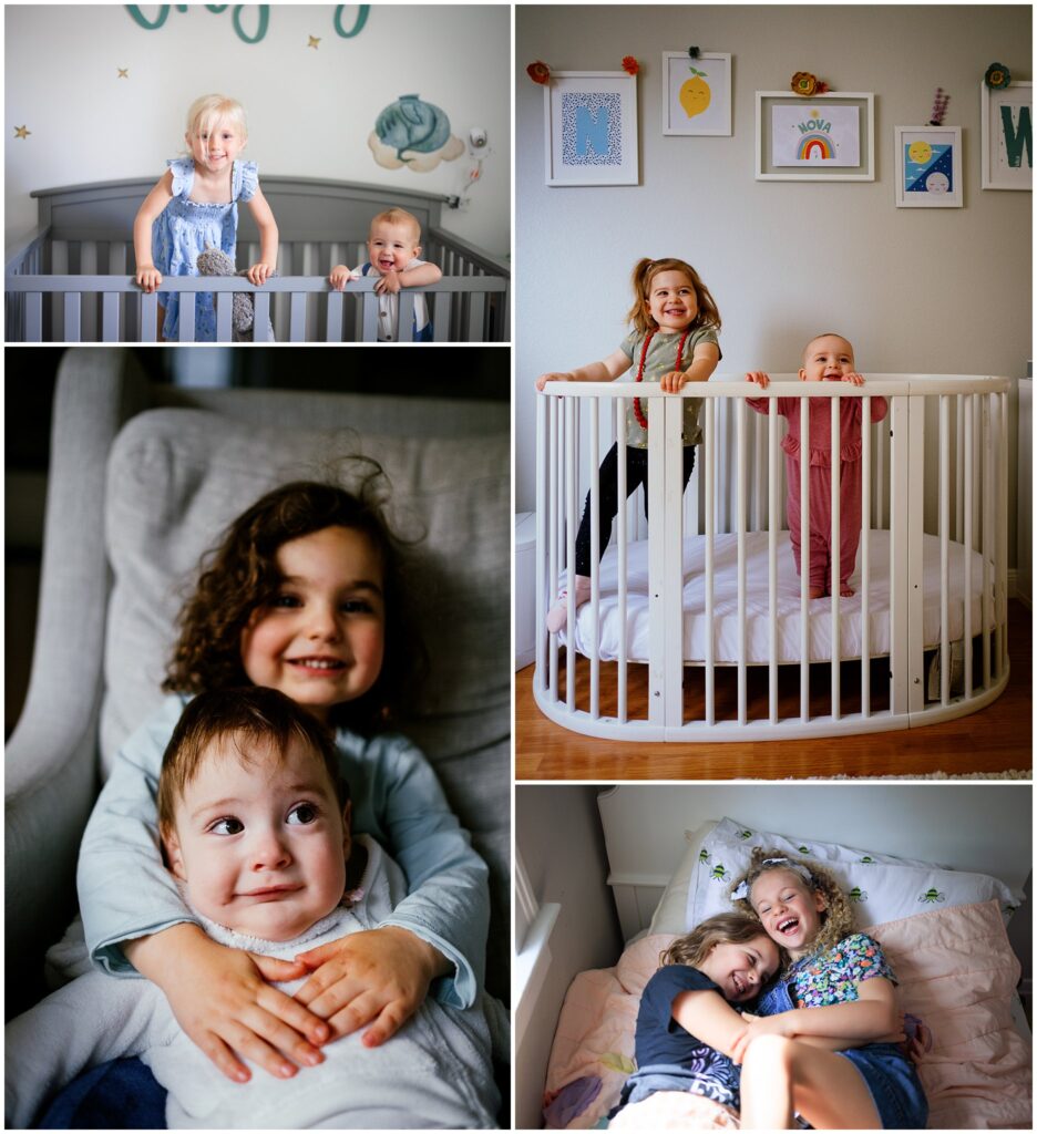 Photo collage of siblings at home.