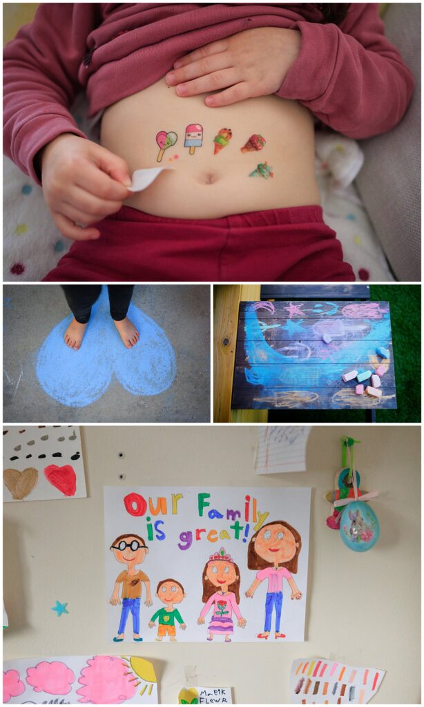 Photo collage with detail shots showing chalk drawings, artwork, and a close-up of a girl's belly with temporary tattoos.