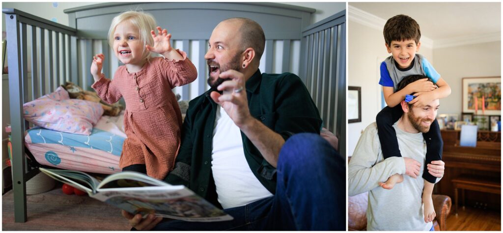 Two images of dads with their young child.