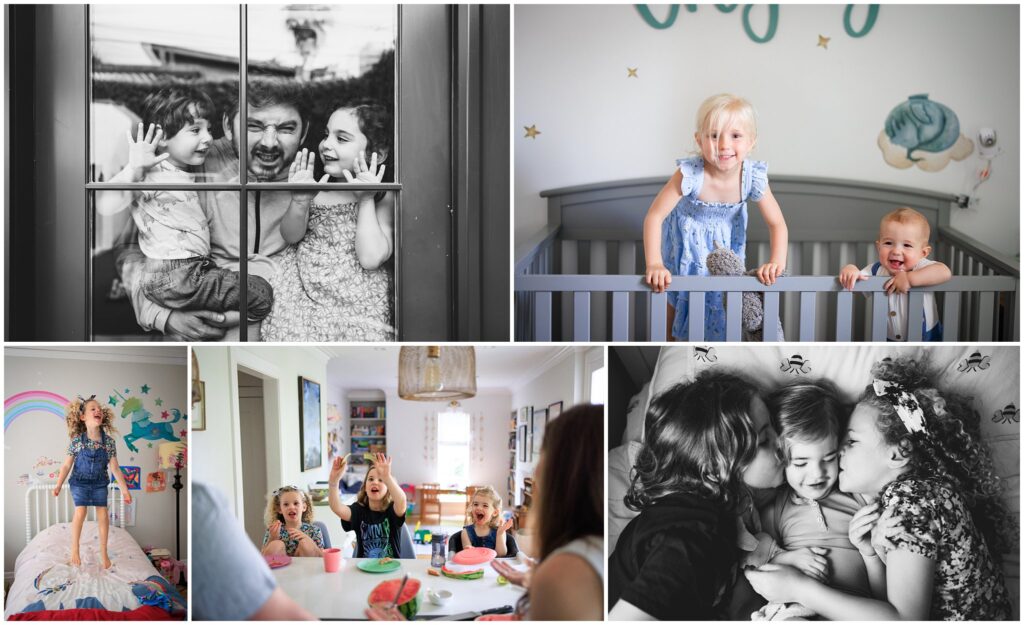 A 5-photo collage of in-home family photos featuring playful and joyful children.