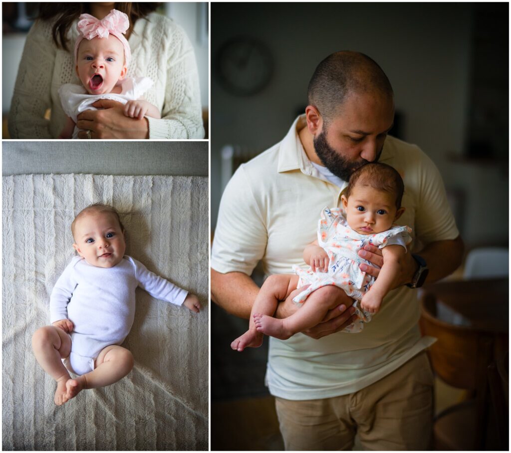 Collage of newborn babies 3-12 weeks old, awake and alert.