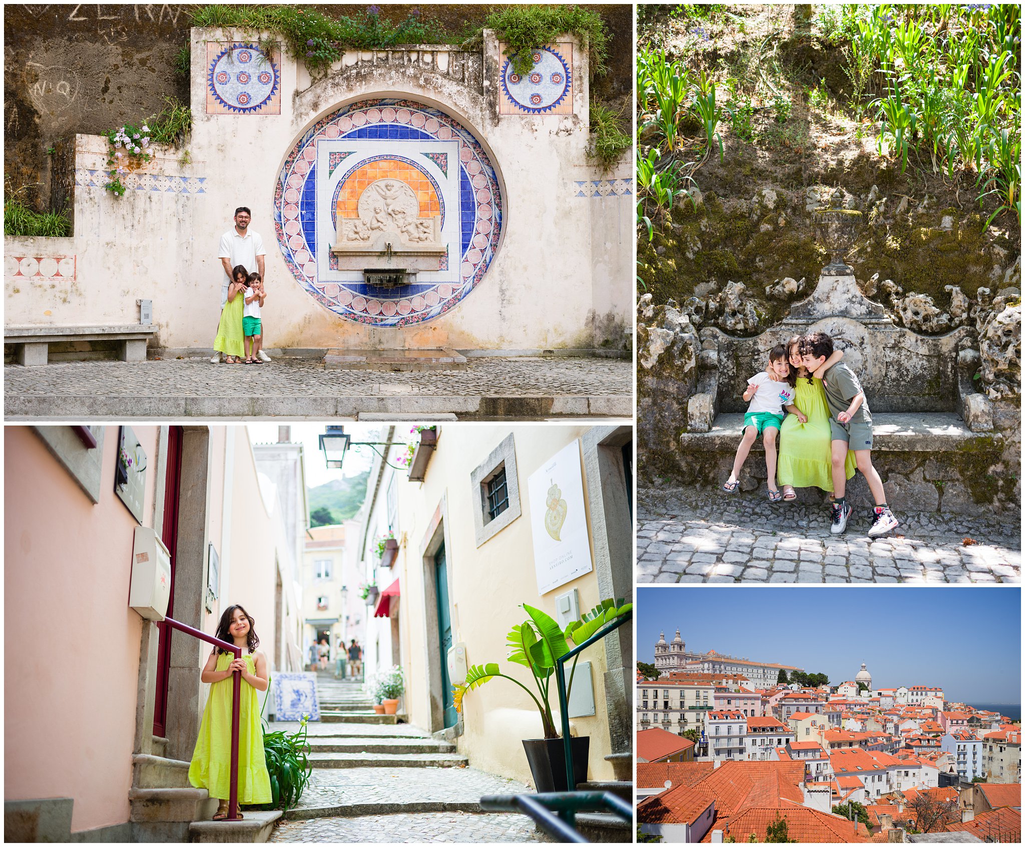 Blog collage of family photos around Lisbon for family travel tips blog post.